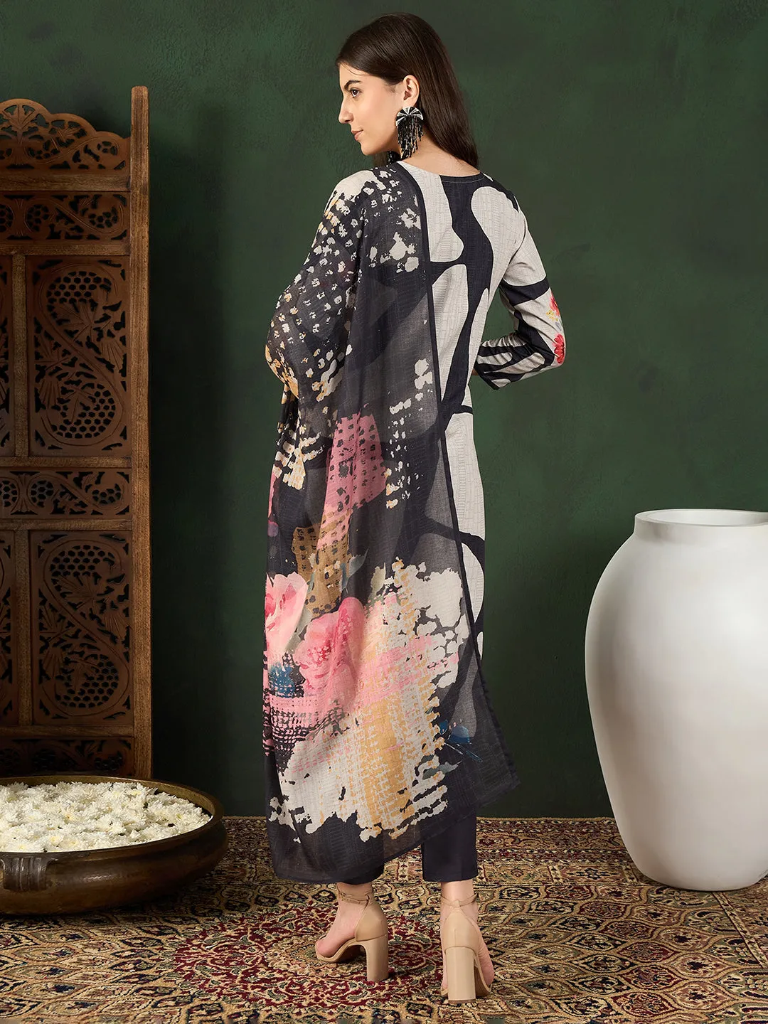 Women Black Silk Blend Floral Printed Straight Kurta Trouser With Dupatta