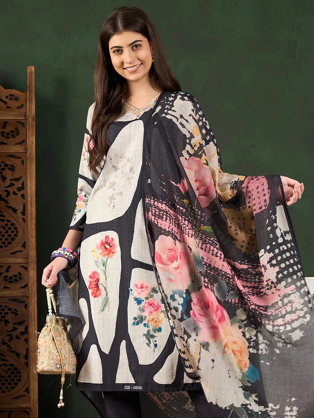 Women Black Silk Blend Floral Printed Straight Kurta Trouser With Dupatta