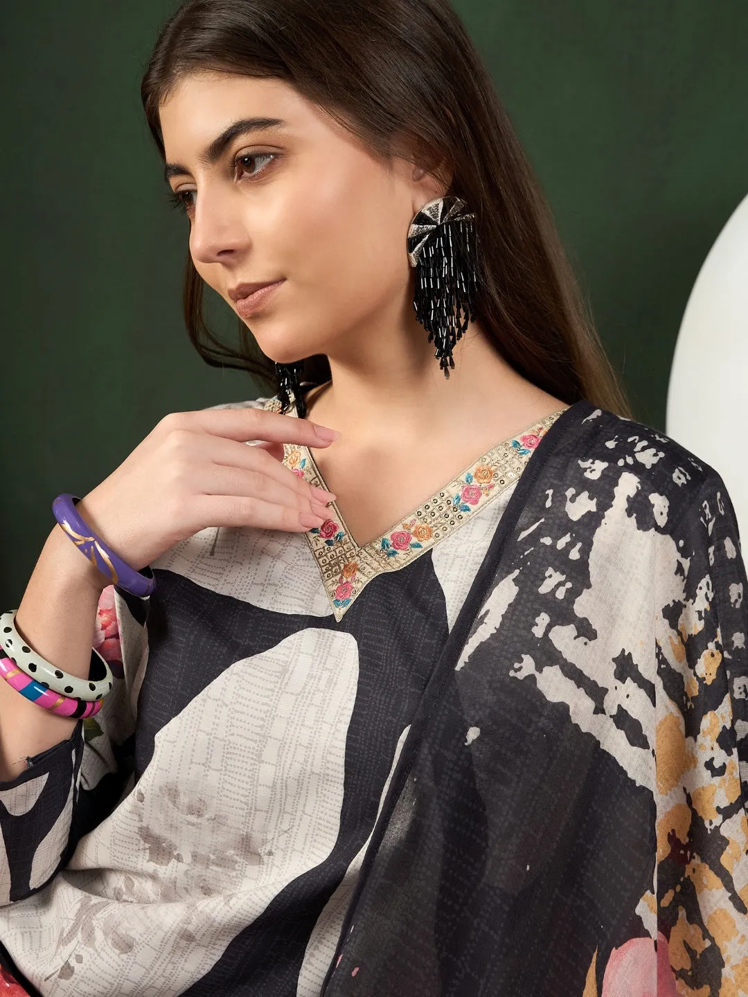 Women Black Silk Blend Floral Printed Straight Kurta Trouser With Dupatta