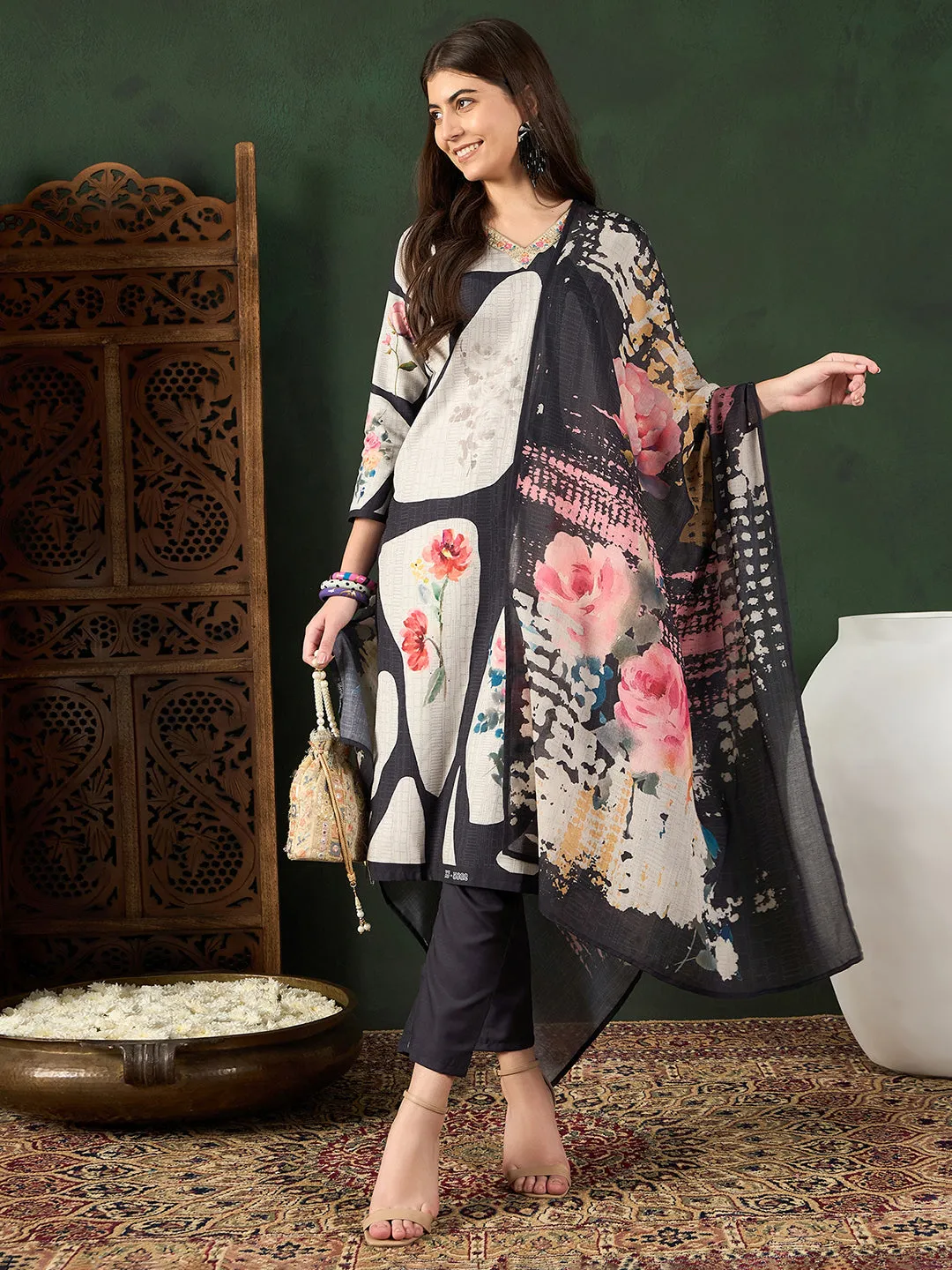 Women Black Silk Blend Floral Printed Straight Kurta Trouser With Dupatta