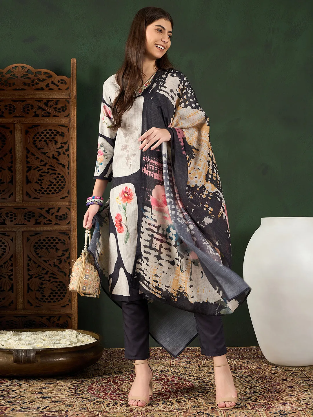 Women Black Silk Blend Floral Printed Straight Kurta Trouser With Dupatta